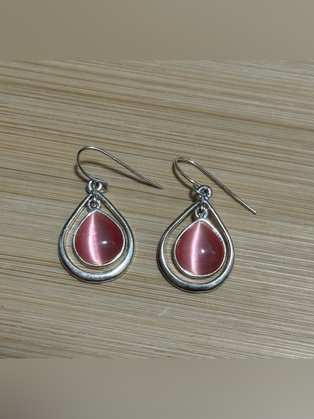 Teardrop Earrings with Pink Cat's Eye Stones